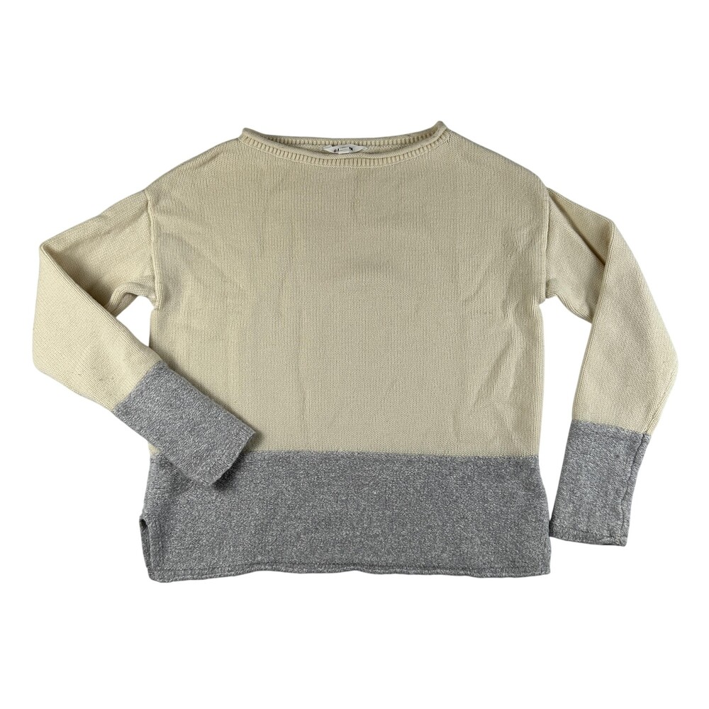 Athleta Sweater Womens Medium White Gray Colorblock Wool Boat Neck Knit Pullover
